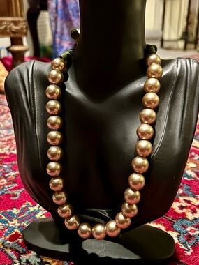 Champagne tone faux Pearl Necklace with Green Ribbon Tie - Women Jewelry